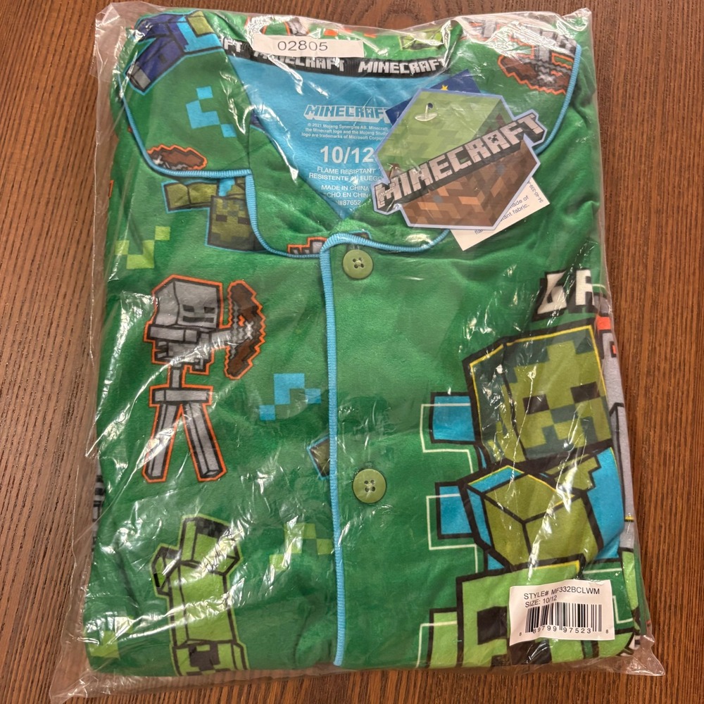 Minecraft Pajama Set Kids Size 10/12 Green New 2pc Button Down Sleepwear Creeper - Picture 2 of 9